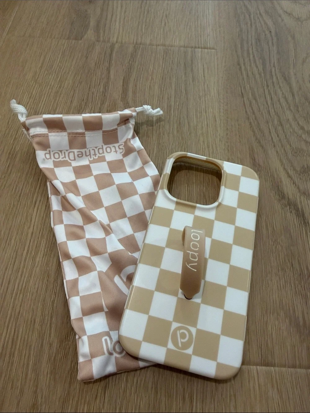 Loopy Case Beige and White Checkerboard Phone Case with Strap